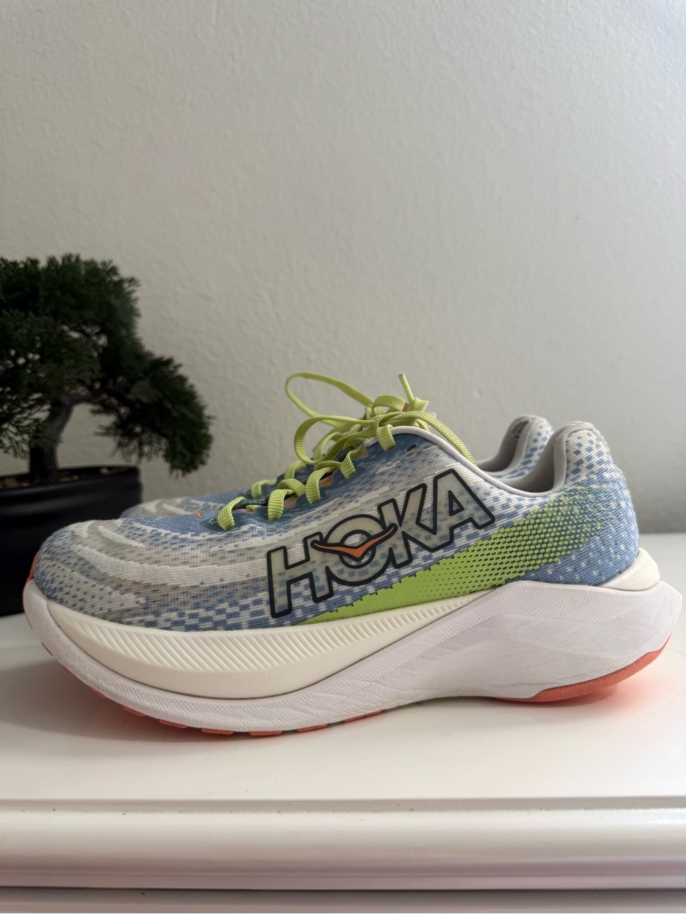 Hoka Mach X Women size 8.5 Athletic Shoes Blue Lime Coral - Picture 3 of 9